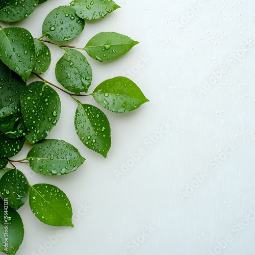 Fresh Green Leaves with Water Droplets on a Light Background