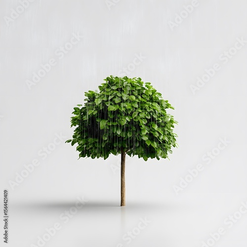 Lush Green Tree Under Rainfall with Grey Background and Water Drops