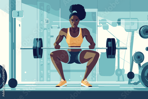 African woman doing squats with barbell in a gym, mirrors and weights around her, strong workout vibe vector illustration