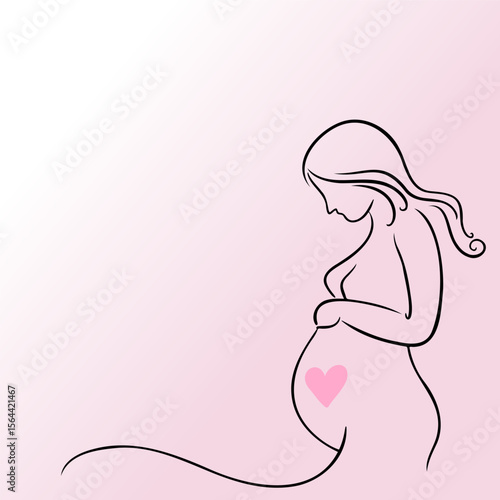 Minimalist one line pregnant woman illustration with heart on baby bump