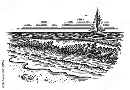 beach scene with bird and small ship