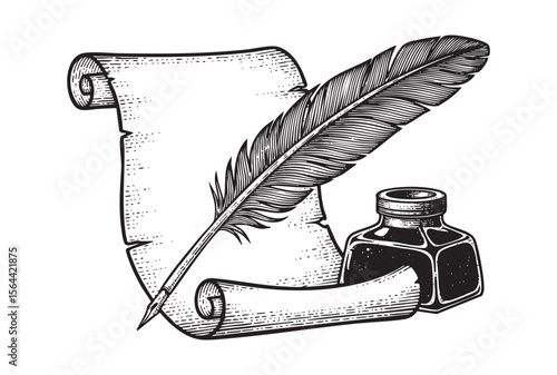 feather pen quill ink vintage engraving vector style