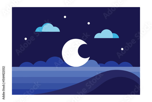 Night scene with a crescent moon shining over a wavy landscape under a starry sky with clouds.
