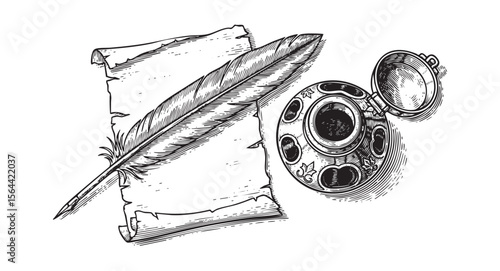 feather pen quill ink vintage engraving vector style