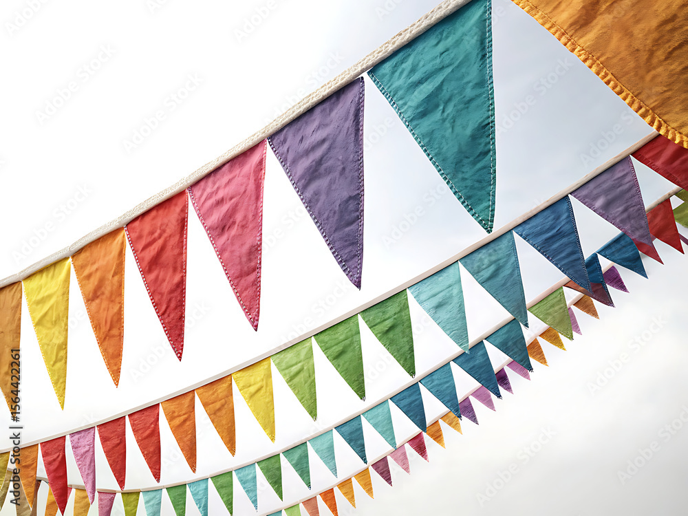 Fototapeta premium Colorful triangular pennant banners strung against a bright white sky for a festive decoration