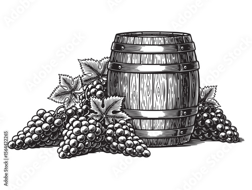 wine grape barrel scene engraving woodcut vector illustration