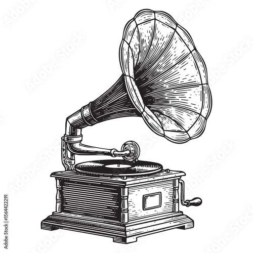 Vintage Gramophone Engraving Classic Phonograph Record Player for Music and Retro Audio Illustration


