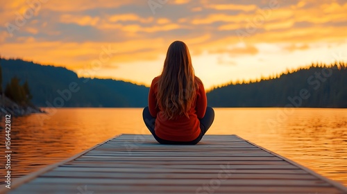 Woman Meditating On Pier At Sunset Over Lake