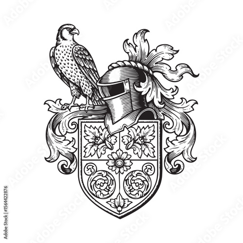 Medieval Coat of Arms Engraving Knight Helmet on Heraldic Shield with Ornate Scrollwork and Crest