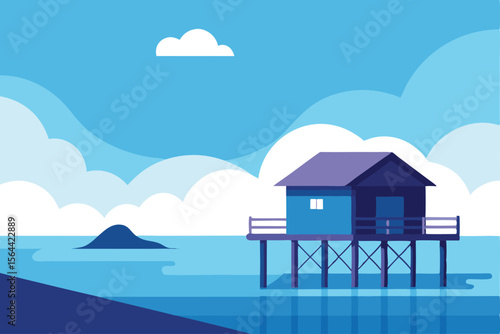 A stylized illustration of a house on stilts over water, set against a cloudy blue sky.