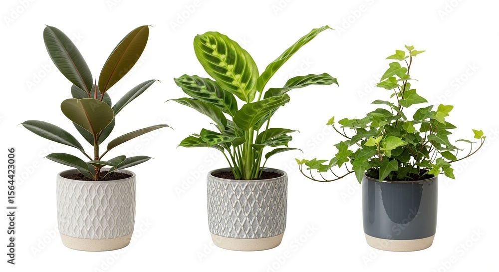 Obraz premium Three Decorative Green Indoor Plants in Patterned Ceramic Pots on White Background