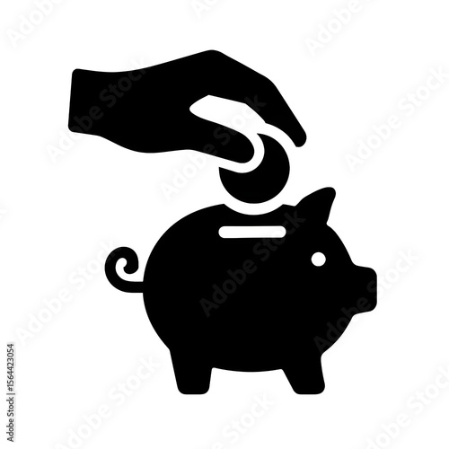 Saving for the Future: A Silhouette pictogram, black and white, Flat black, symbol,icon,sign of a hand placing a coin into a piggy bank, representing savings, investment, and financial security. 