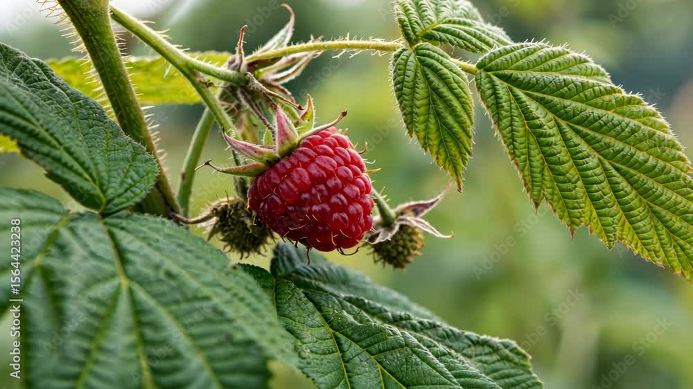 Close-Up of a Ripe Raspberry on a Leafy Branch Close-Up of a Ripe Raspberry on a Leafy Branch