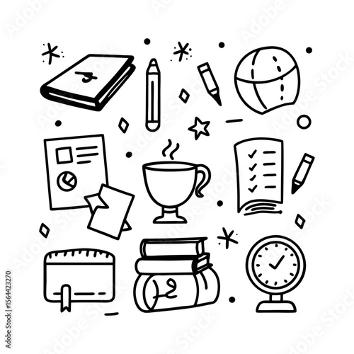 Doodle style illustration of study supplies and office related objects
