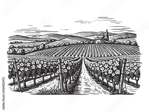 vineyard grape landscape engraving woodcut vector illustration