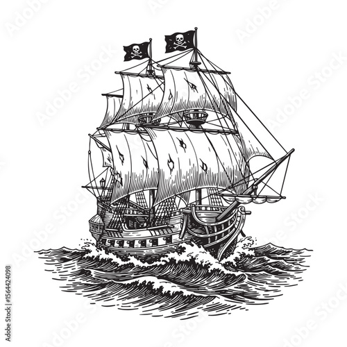 Pirate Ship Vector Engraving