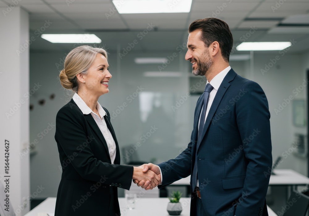 Business people shaking hands in a modern office with smiling faces Business people shaking hands in a modern office with smiling faces