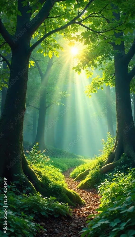 Naklejka premium Sunbeams Dance Through Forest Canopy, Illuminating Lush Green Undergrowth A Peaceful Nature Scene