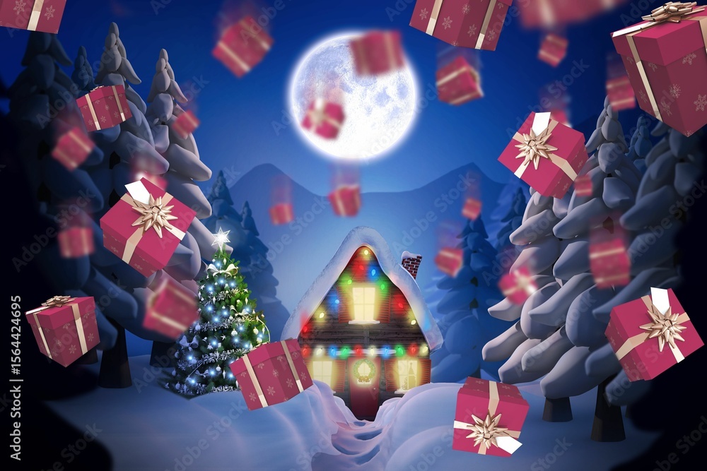 Naklejka premium Flat design illustration is showing winter night with snowy cabin, Christmas tree, moon, gift boxes