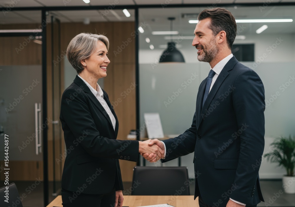 Businesswoman and businessman shaking hands in a modern office space Businesswoman and businessman shaking hands in a modern office space
