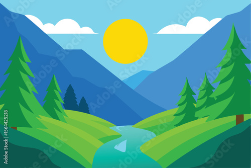 Tranquil Mountain Landscape with River A Vibrant Illustration of Nature's Beauty and Serene Outdoor Scene
