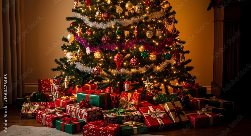 Fototapeta premium Festive Christmas Tree with Presents Holiday Decorations and Warm Lighting