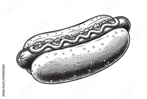 hot dog engraving woodcut vector illustration