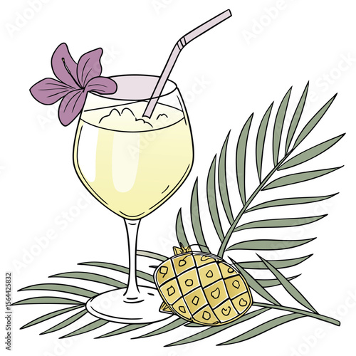 Refreshing tropical cocktail with pineapple and flower garnish and palm leaves isolated on white background