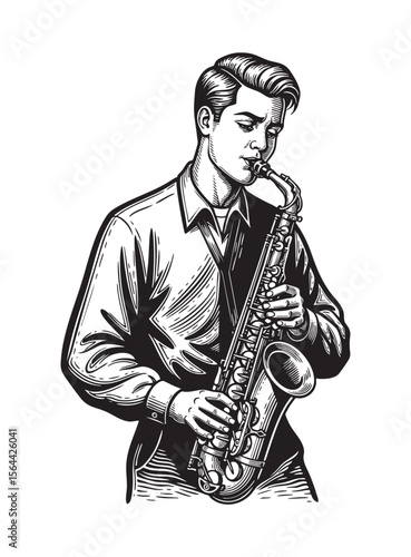 young man playing saxophone engraving woodcut vector illustration