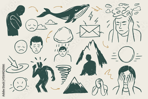 Doodle Illustration Depicting Mental Health Challenges and Emotional Distress with Drawings Sketches