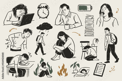 Illustrations depicting burnout exhausted overwhelmed and stressed individuals