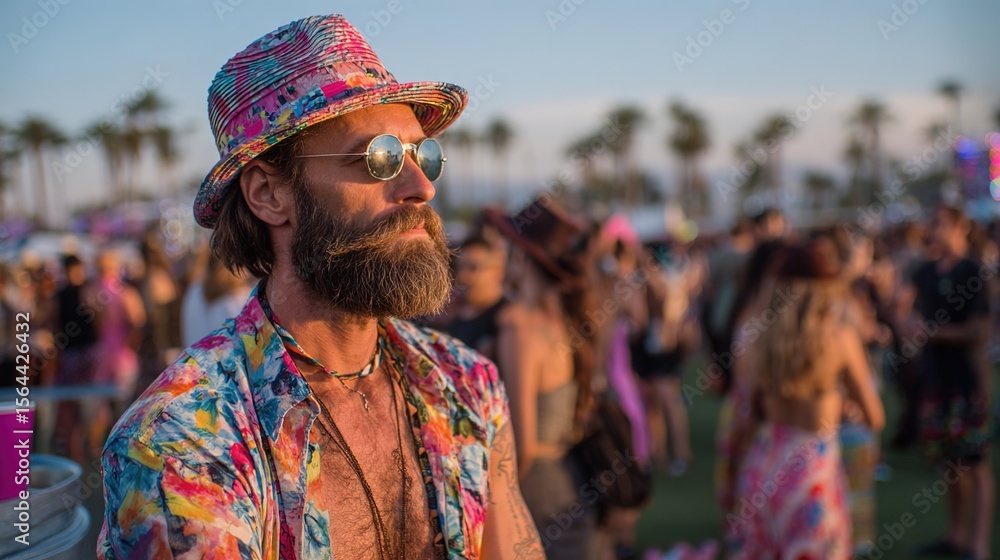 Obraz premium Vibrant coachella music festival of sound and spirit. Sensory carnival unfolds with performances of various genres, from indie rock to electronic beats. Person portrait at Coachella festival.