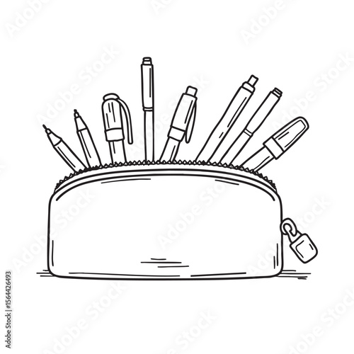 An unzipped pencil pouch with pens scattered out
