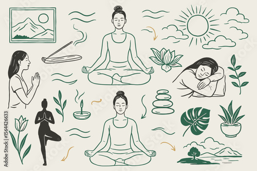 Wellness and Relaxation Doodle Collection Featuring Meditation Poses and Nature Icons