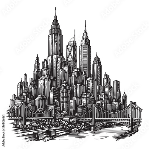 Photography New York City Skyline Engraving Wide View of Skyscraper Cityscape in Vintage Woo