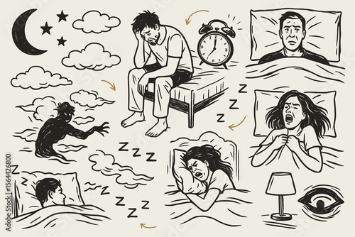 Disturbed slumber insomnia sleeplessness illustration featuring various sleeping and wakeful
