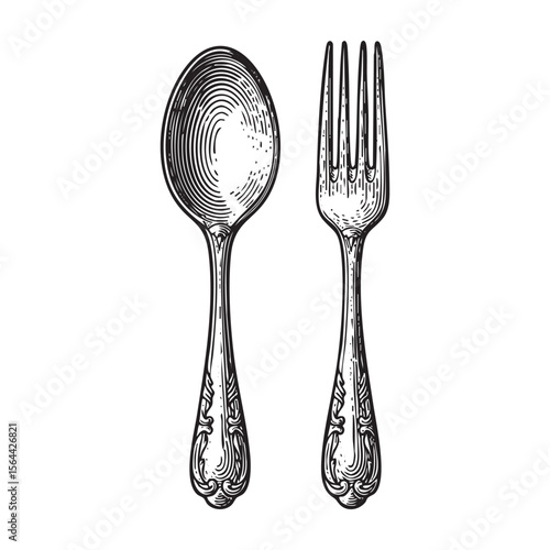 Spoon and Fork Engraving Vector Illustration