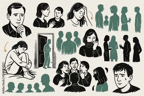 Illustrations showcasing varied emotional states interpersonal dynamics monochrome drawing of