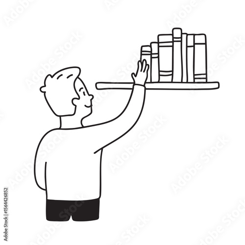 An individual reaching up to grab a book from a shelf