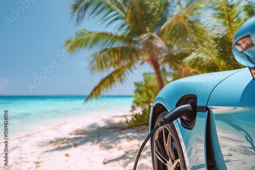 blue electric car charging on a tropical beach
