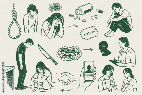Mental health awareness depiction featuring suicidal thoughts and seeking helpline assistance