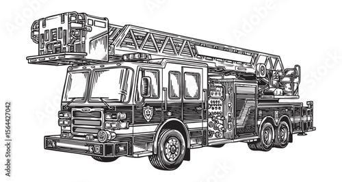 Modern Ladder Fire Truck Engraving Detailed Emergency Rescue Vehicle in Vintage Woodcut Style Illustration

