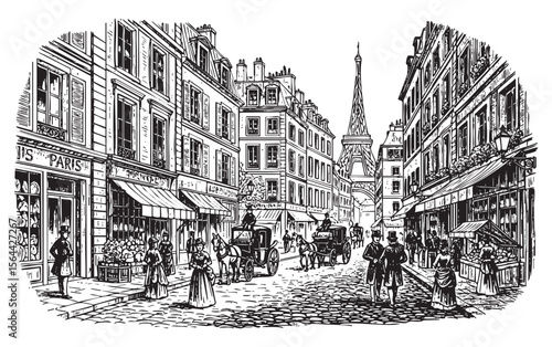 Vintage Paris Street Engraving Historic Scene with Eiffel Tower, People, and Carriages in 19th Century Style

