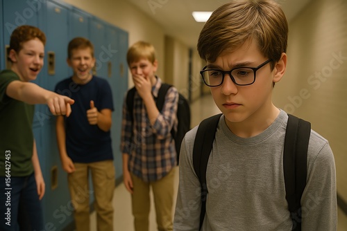 Upset boy with glasses stands alone as classmates laugh and point at her in a school hallway, showing bullying and exclusion.