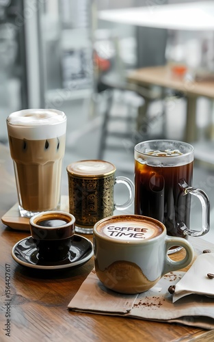 A table displaying various coffee drinks, including cups of brewed coffee and specialty beverages.
