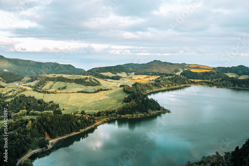 Furnas Lake with Rolling Hills, Sao Miguel, Azores