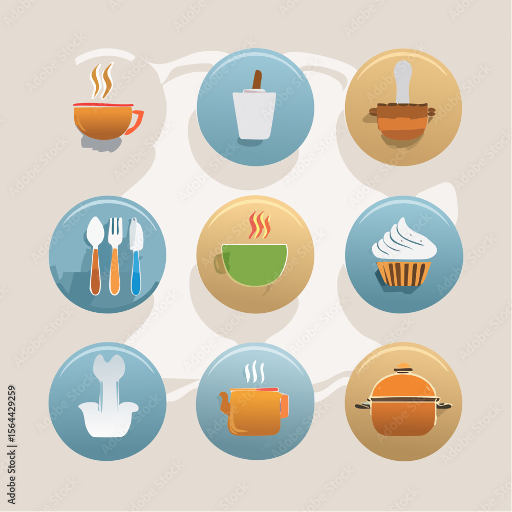 A clean vector set of food icons like forks, spoons, cupcakes, and mugs. Soft gradients and tidy layout make it ideal for modern kitchen and cooking themes. A clean vector set of food icons like forks, spoons, cupcakes, and mugs. Soft gradients and tidy layout make it ideal for modern kitchen and cooking themes.