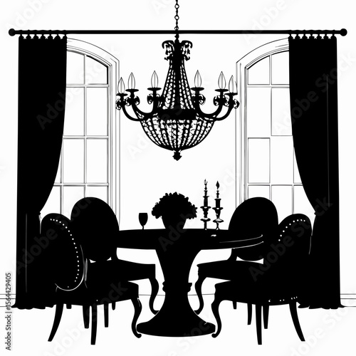 Black Silhouette Dining Room Elegant Crystal Chandelier Table Chairs Curtains