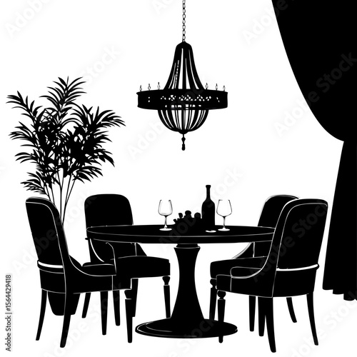 Black Silhouette Dining Room Scene Round Table Four Chairs Chandelier Plant 1