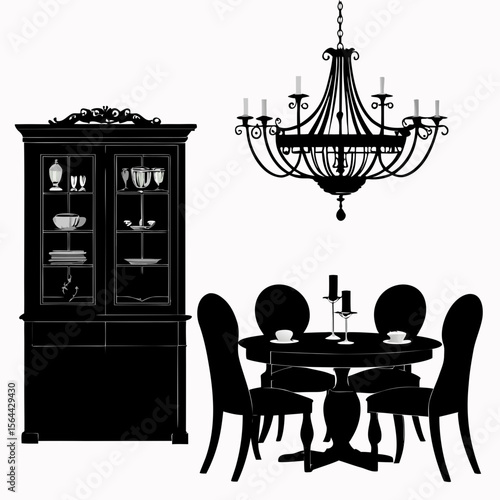 Black Silhouette Dining Room Set Antique Cabinet Chandelier Table Chairs 1